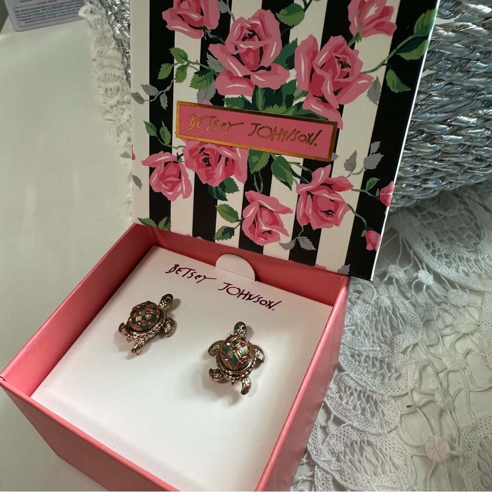 Betsey Johnson Gold with Green and pink rhinestones Turtle Stud Earrings